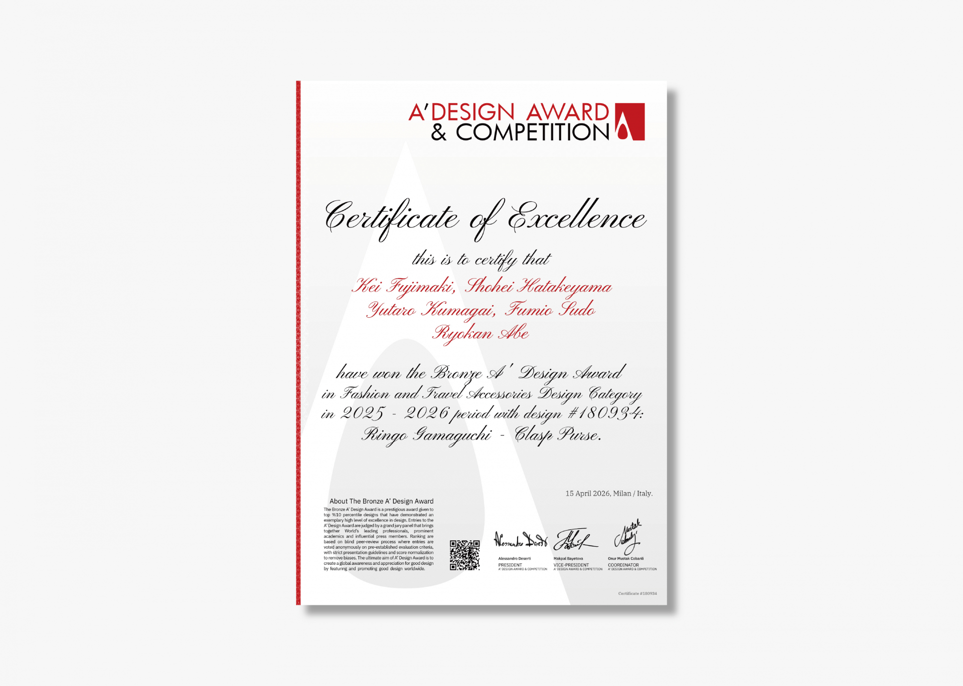 「A’Design Award & Competition 2026 (伊)」を受賞しました。
